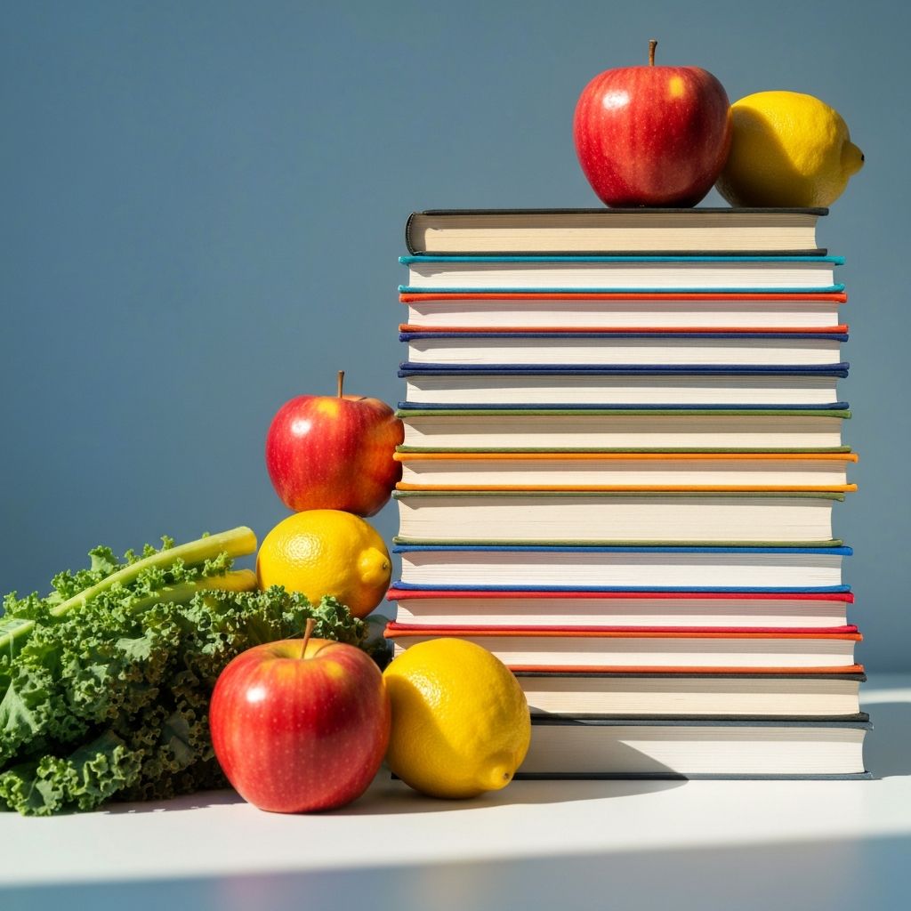 Books with fresh vegetables representing educational content